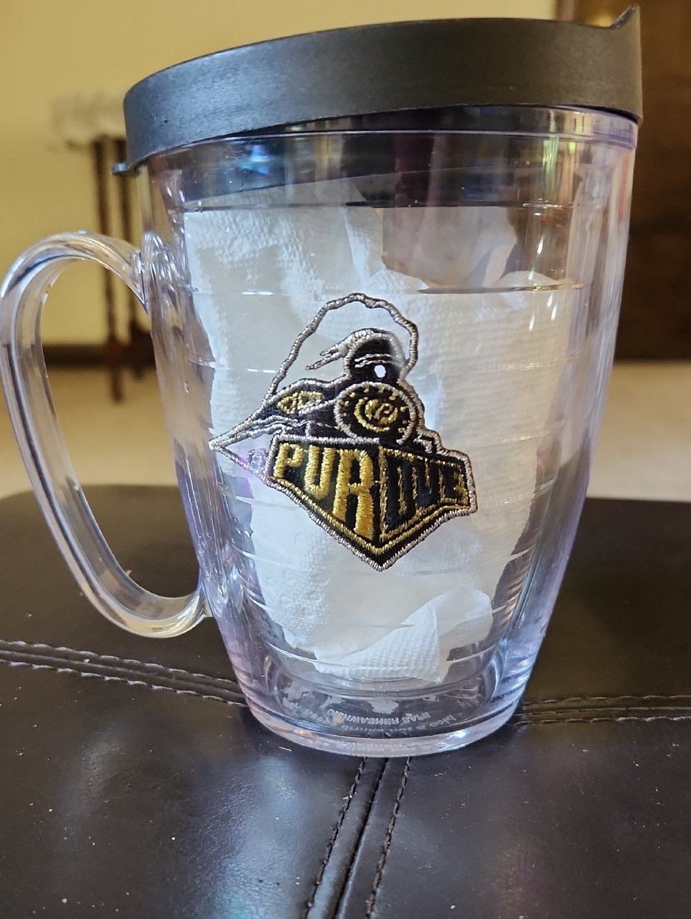 Tervis Clear Travel Mug with Black Lid and Gold Purdue Logo